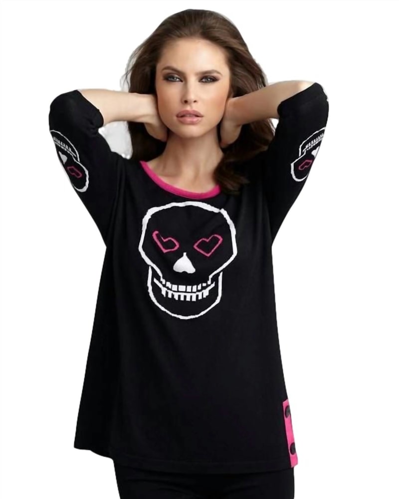 Front of a model wearing a size LG Heart & Skull Graphic Sweater in Black/Fuchsia in Black/Fuchsia by ANGEL. | dia_product_style_image_id:327598